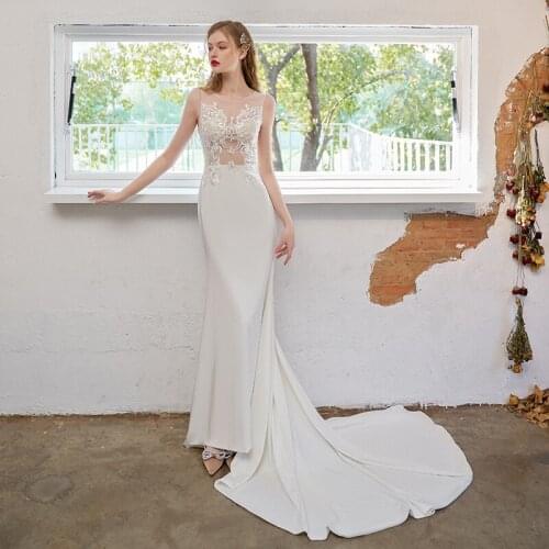 2021 Satin Appliqued Mermaid Wedding Dress Transparent Back Simple Long Plus Size Zipper Custom Made Bridal Gown With Train 9178