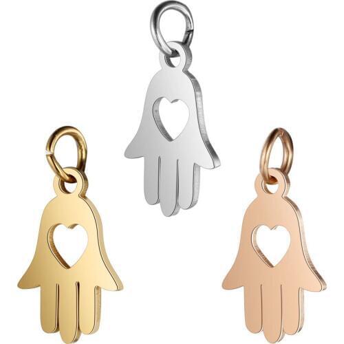 5pcs/lot Titanium Stainless Steel Love Heart Hamsa Hand Charms Pendants Fit DIY Necklace Jewelry Making Material Supplier Crafts