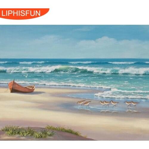 New 5d Diy Diamond Painting Beach Sea Boat Scenic Embroidery Full Square Diamond Cross Stitch Rhinestone Painting Decor