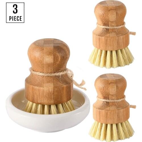 BalleenShiny 3-piece Set Of Natural Sisal Bristles Pot Brush For Cleaning Pots And Pans Kitchen Wooden Cleaning Brush Tool Set