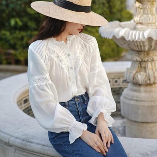 Long Sleeves White Lace Blouse Shirt Women Vintage Solid Cotton Autumn 2021 O-Neck Single Breasted Blusas De Mujer Boho Sexy Top