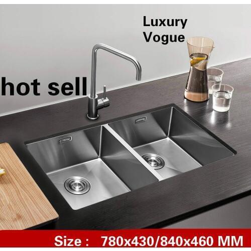Free shipping Fashion standard big kitchen manual sink double groove durable 304 stainless steel hot selling 780x430/840x460 MM