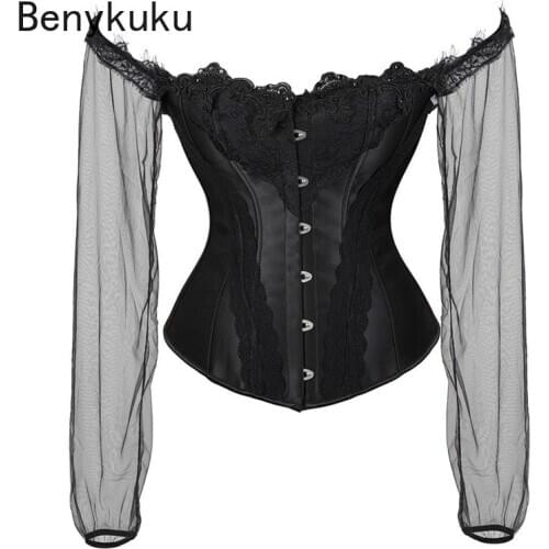 Black Mesh Long Sleeve Corset Tops Victorian Lolita Shirts Sexy Off Shoulder Vintage Medieval Gothic Steampunk Lace Up Blouses