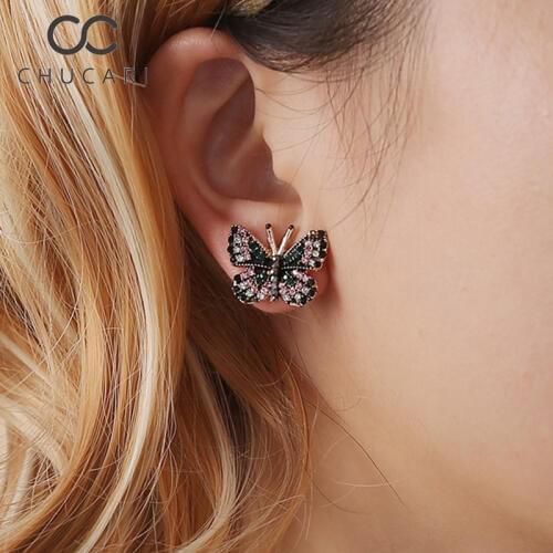CHUCARI New Fashion Korean Luxury Hollow Shiny Bling Colorful Simulated Stud Earrings Butterfly Earrings Crystal Earrings Women