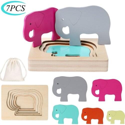 Montessori Animal Color Gradient 3D Wooden Panel Puzzle Toys Five-Layer Rainbow Gradient Animal Jigsaw Educational Toys For Kids