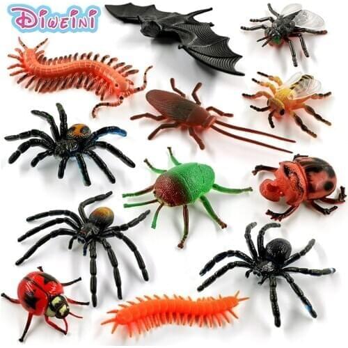 12pcs Simulation Bat Insect Centipede Spider Ladybug Bee Cricket animal model action figure hot set educational toy for children