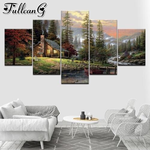 FULLCANG Hut natural scenery 5 piece diy diamond painting full square round drill mosaic embroidery sale home decor FC3126