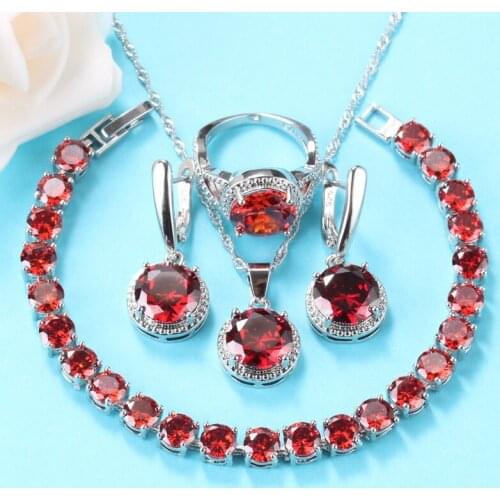Dubai Silver Jewelry Sets For Women Wedding Costume Round Red Garnet CZ Earrings Necklace Bracelet And Ring 8-Colors Gift Sets