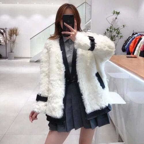 Women Winter Coat V-Neck Genuine Leather Jacket Real Sheep Fur Short Clothes Fashion Slim Warm Female + FN0062