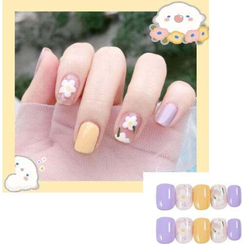 Summer Floret Short Fake Nail Sweet Girl Press On False Nails With Glue Waterproof And Removable Nail Patch 24Pcs/box
