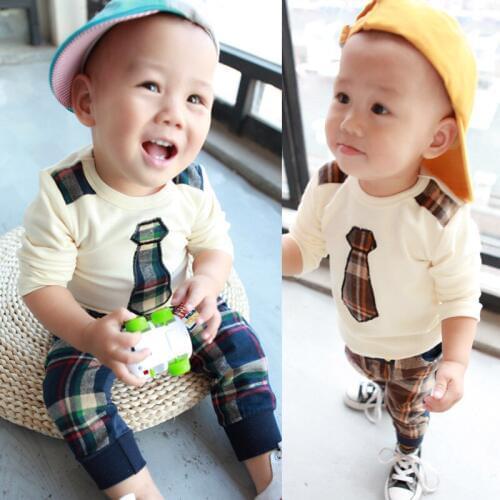 Hot sale baby boy clothing set spring 2019 boy new casual fake tie long sleeve sweatshirts +plaid pants 6-24 months