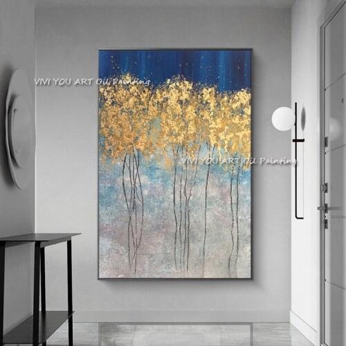 The Hot Sales Handmade Blue Yellow Leaf Simple Shadow New Oil Paintings On Canvas Best Wall Art Pictures For Hotel Decoration