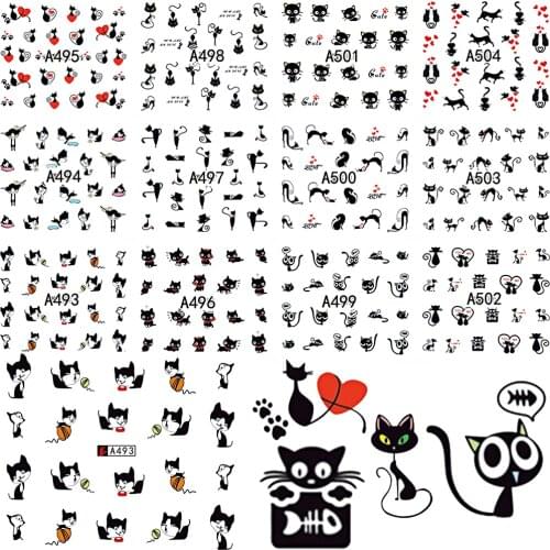 12 Design In 1 Set Cute Cartoon Cat Nail Sticker Water Transfer French Tips Manicure Pedicure DIY Watermark BEA493-504