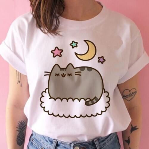 New Womens T-shirt Pusheen THE Cat Kawaii Funny Top Female T Shirts Cartoon Harajuku Graphic Korean O-Neck Tee Shirt Clothes
