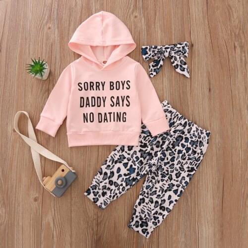2020 New Infant Baby Suit Set Letter Print Long Sleeve Hooded Sweatshirt Leopard Print Trousers Headband 3 Pieces Set