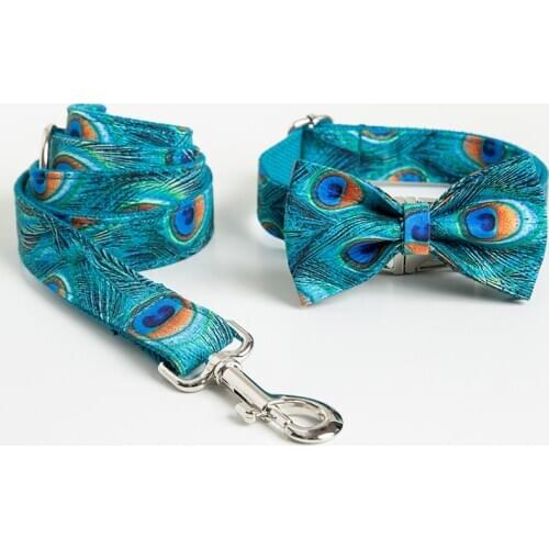 OLN Dog Collar Personalized Feathers Pattern Bow Dog Collar with Leash Set Adjustable Cotton DIY Pet Collar with Metal Hardwares