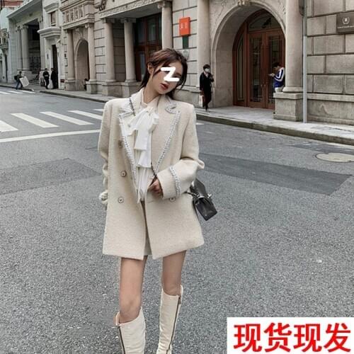 Heavy industry sequined chain mid-length woolen coat womens winter thickened loose little man wild temperament pure color suit
