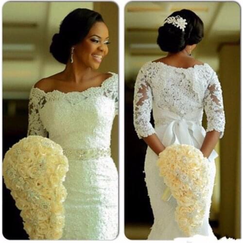 Mermaid Wedding Dresses Chapel Train Three Quater Sleeve Wedding Gowns Boat Neck Dress Luxury Wedding Gown