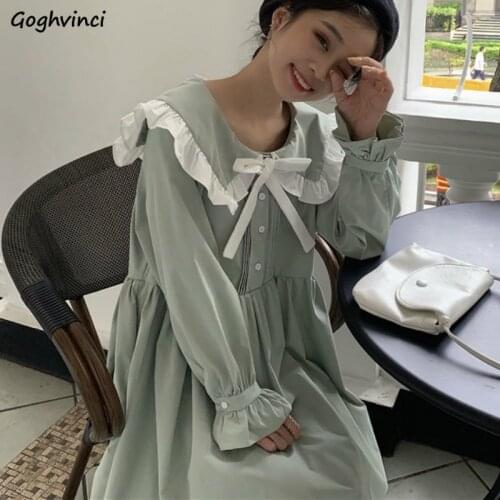 Long Sleeve Dress Patchwork Peter Pan Collar Leisure Bow A-line Loose Sweet Students Korean Style Fashion Streetwear New Ulzzang