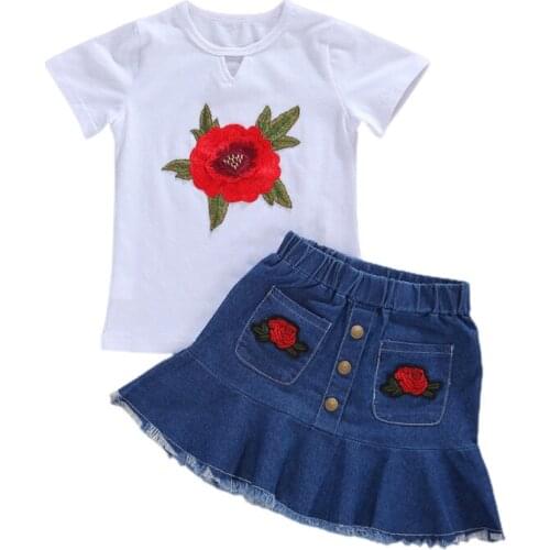 PUDCOCO Baby Summer Clothing Infant Kids Girls 2Pcs Set Fashion Rose Embroidery Short SleeveT-shirt Top + Denim Short Skirt 1-7Y