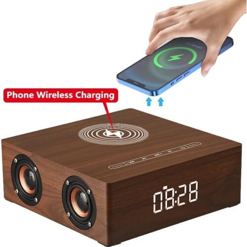 Q5A Retro Wood Multi-Function Bluetooth Speaker Alarm Clock Wireless Charger Column Subwoofer Music Center Surround Sound AUX TF
