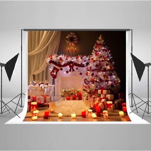 Christmas background Fireplace photography background Christmas tree Candles Gifts Christmas decoration Studio background