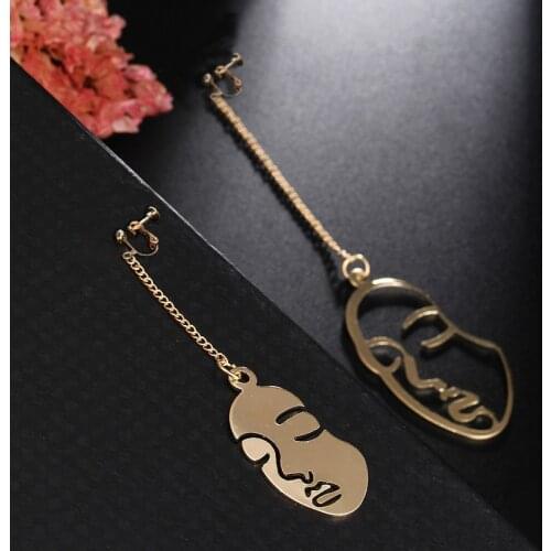 Trendy Abstract Stylish Face Hollow Out Non Pierced Clip on Earrings for Women Girls Statement Charm Long Ear Clips Jewelry Gift