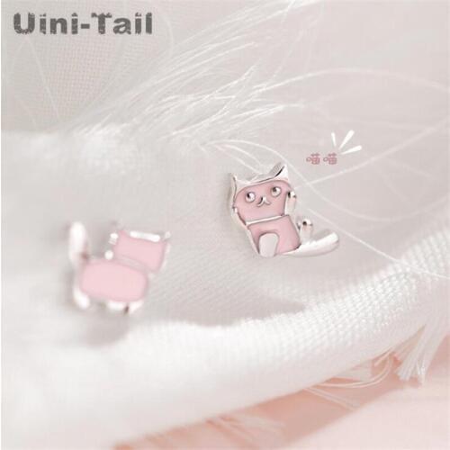Uini-Tail hot new 925 sterling silver asymmetric pink cat earrings dynamic cute sweet simple small high quality jewelry ED615