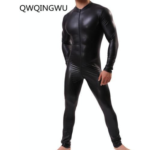 Sexy Men Shapers Wetlook Leather Latex Catsuit Long Sleeves Zipper Gay Men Full Body Leotard Lingerie Bodysuit Clubwear Shapers