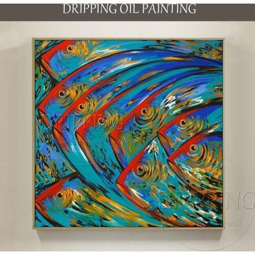 Hand-painted Modern Animals Abstract Fishes Acrylic Painting on Canvas Beautiful Colors Funny Abstract Fishes Acrylic Painting