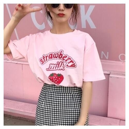 Sunfiz YF Strawberry Milk T Shirt Tops Women Summer Korean Fashion Ulzzang Tshirt Schoolgirl Streetwear Cute Clothes