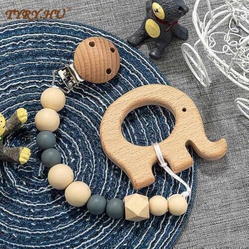 TYRY.HU Personalized Silicone Beads Wood Teether Silicone pacifier holderLeash Personalized Pacifier Clip To Soothie 5 colors