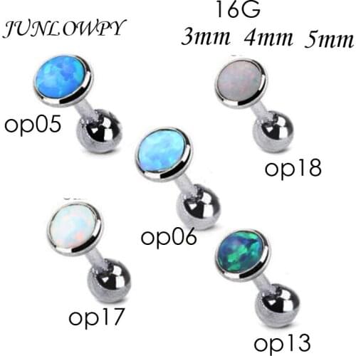 JUNLOWPY 1.2*6*3/4/5mm Silver Opal Stone Ear Tragus Cartilage Helix Piercing Body Jewelry Retainers Earring Barbell Stud 16g