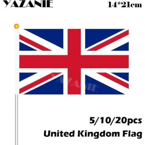 YAZANIE 14*21cm 5/10/20pcs United Kingdom National Flag UK Flying Britain England Banner with Plastic Flagpole Drop Shopping