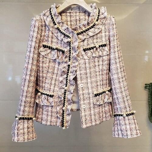 Vintage Plaid Weave Tweed Jacket Women Flare Long Sleeve Pearls Patchwork Ruffles Wool Jacket Coat Elegant Outwear