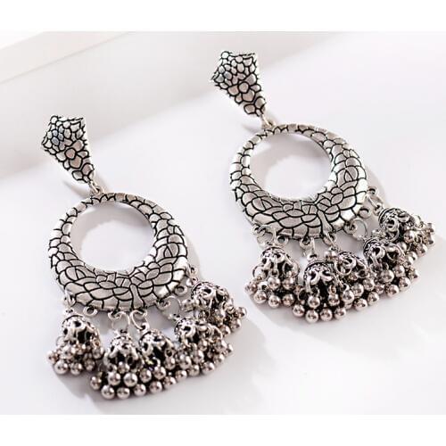 Womens Vintage Ethnic Gypsy Silver Color Flower Indian Earrings Boho Jewelry Ladies Retro Round Bell Tassel Jhumka Earrings