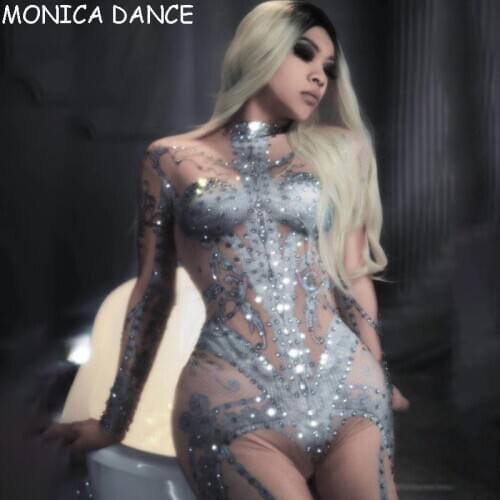 Women Sexy Stage Rhinestones Jumpsuit Crystals Bodysuit Skinny Rompers Nightclub Performance Costumes Pole Dancing Catsuits