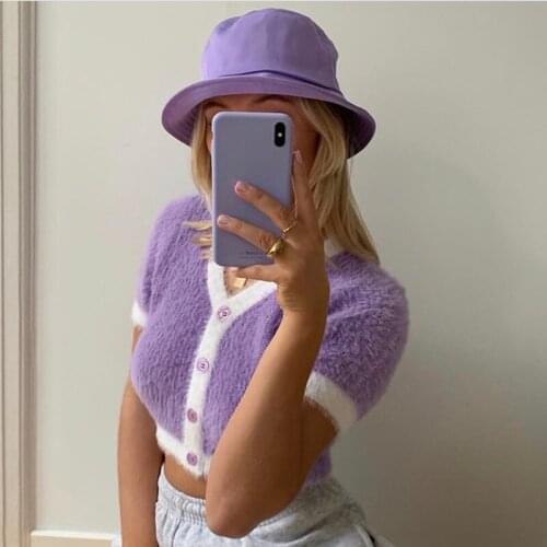 2021 Spring Korean sweater women vintage pink cardigan knitted cute sweater punk crop sweater knit korean cardigans cute purple