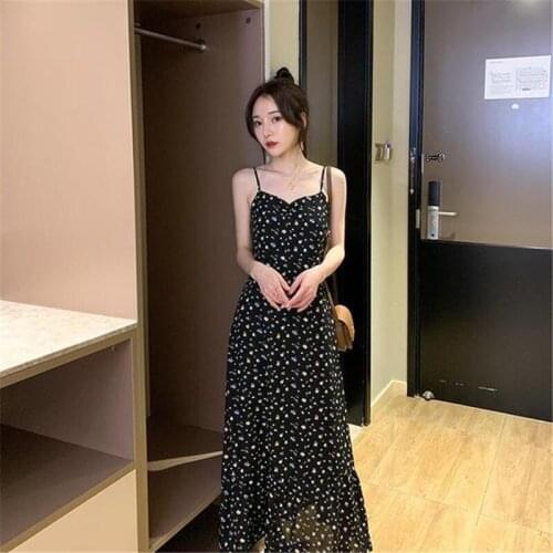 Summer floral suspender dress mid long dress black
