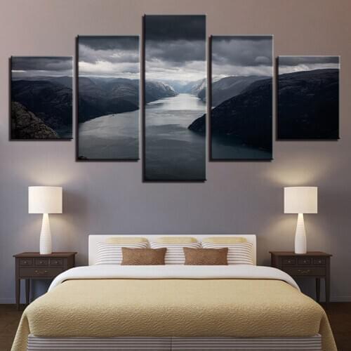 5 Pieces Mountain River Dark Clouds Canvas Painting Pictures HD Printed Modern Home Decoration Living Room Wall Art Framework