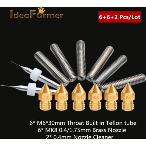 6Pcs MK8 0.4mm Brass Nozzle+6Pcs M6*30 Throat Built in PTFE Tube+2Pcs Nozzle Cleaner Kit For Anet A8 MK8 Reprap 3D Printer Parts