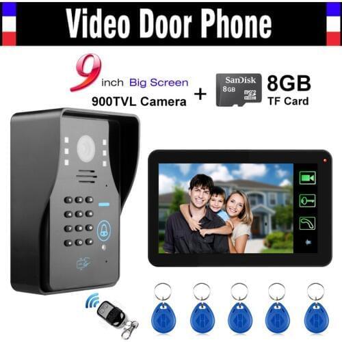 9 inch Touch Monitor Recording Password code Wired Video Door Phone Intercom Doorbell System Video Doorphone Record +8GB TF card