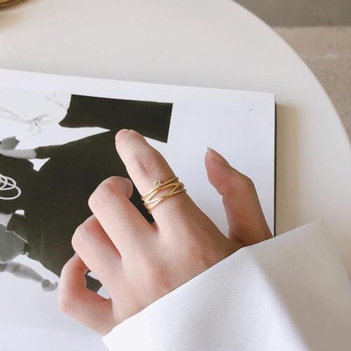 Authentic S925 Sterling Silver FINE Jewelry Gold Multi-layered Rows &Solitaire Long ring adjust TLJ764