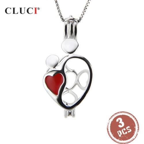 CLUCI 3pcs Love Heart Shaped Silver 925 Charms Pendant Women Jewelry Kid and Mom Silver 925 Pearl Locket Pendant SC213SB