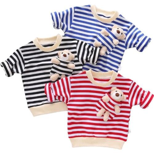 Striped Pocket Bear Baby Girls Boys T-shirt Tops Coat Spring Autumn Childrens Clothes O-neck Full Sleeve Tees Kids Pullover Top