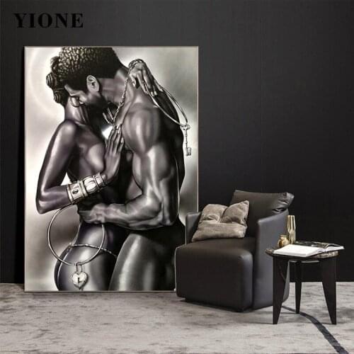 Naked Couple Lover Canvas Painting Modern Black African Man and Woman Embrace Wall Art Picture Print Room Home Decoration Poster
