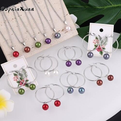 SophiaXuan New Design Hawaii Jewelry Sets Womens Stainless Steel Color Pearl Necklace and Earrings Wholesale Jewelry for Women
