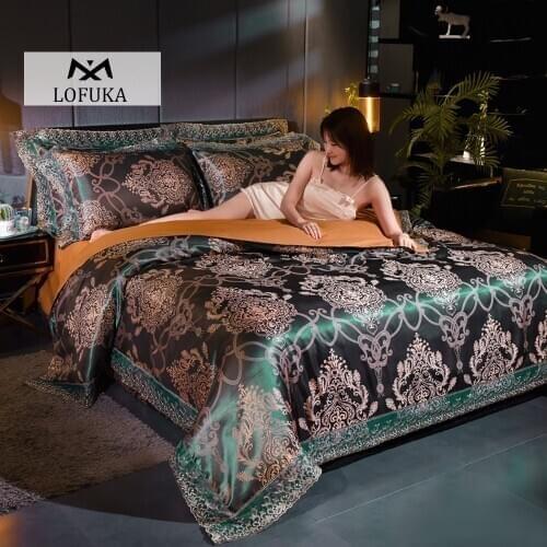 Lofuka Noble Green Jacquard Lace Bedding Set European Silky Comforter Flower Duvet Cover Flat Sheet Pillowcase Queen King Set