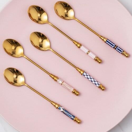 Stainless Steel Coffee Stirring Spoon Ceramic Long Handle Brilliant Ice Cream Teaspoon Gold-plated Dessert Spoon Tableware