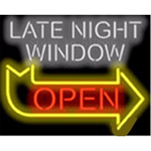 Late Night Window Open with Right Arrow Neon sign Glass Tubes Light Bar Beer Club Custom Neon Signs Bulbs Store signage 19"x15"